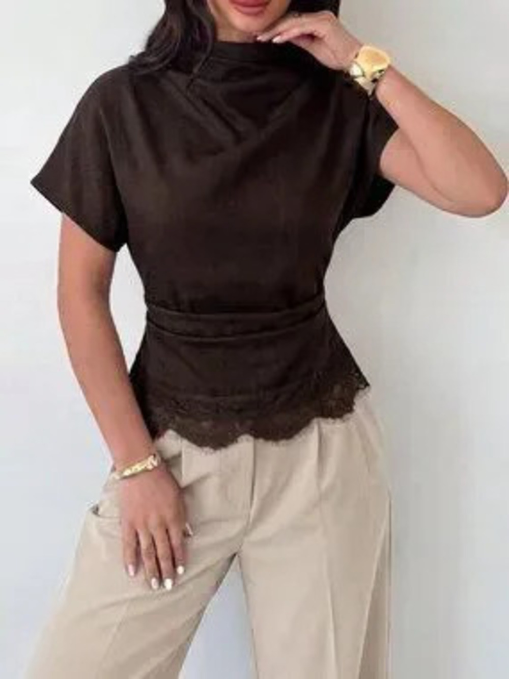 ZARA Brown Elegant Women's Side Ruched Cinched Waist Shirt